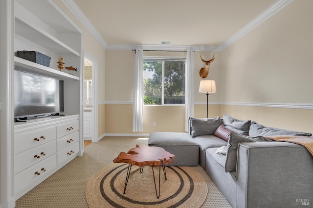 116 Birmingham Ct, Discovery Bay, CA 94505 - living area featuring ornamental molding, light colored carpet, and baseboards