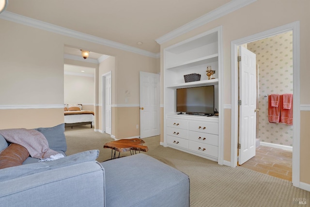 116 Birmingham Ct, Discovery Bay, CA 94505 - living room featuring baseboards, ornamental molding, and light colored carpet