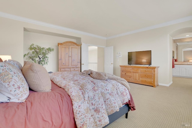 116 Birmingham Ct, Discovery Bay, CA 94505 - carpeted bedroom with crown molding, baseboards, and arched walkways