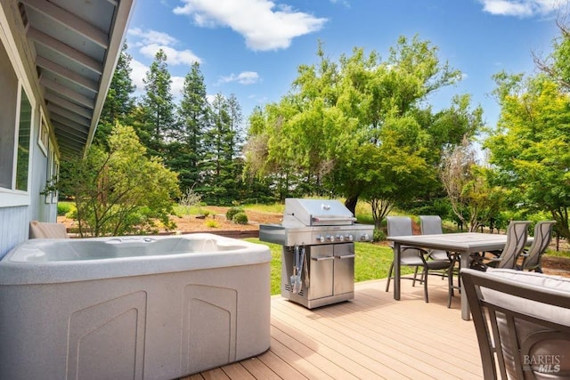 725 Lytton Station Rd, Healdsburg, CA 95448 - wooden terrace with outdoor dining area, grilling area, and view of scattered trees