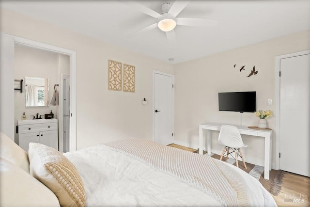 725 Lytton Station Rd, Healdsburg, CA 95448 - bedroom with wood finished floors, ensuite bath, and ceiling fan