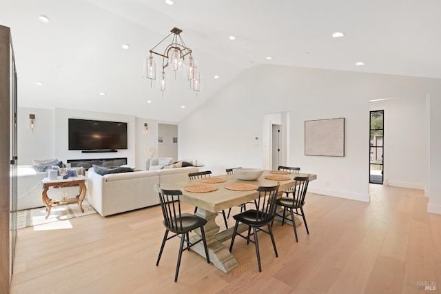 20 Almenar Dr, Greenbrae, CA 94904 - dining space featuring light wood-style floors, recessed lighting, a chandelier, baseboards, and high vaulted ceiling