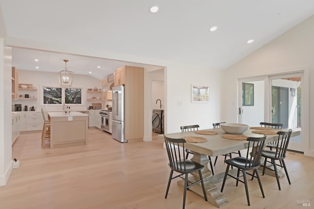 20 Almenar Dr, Greenbrae, CA 94904 - dining space featuring vaulted ceiling, recessed lighting, light wood-style floors, and baseboards