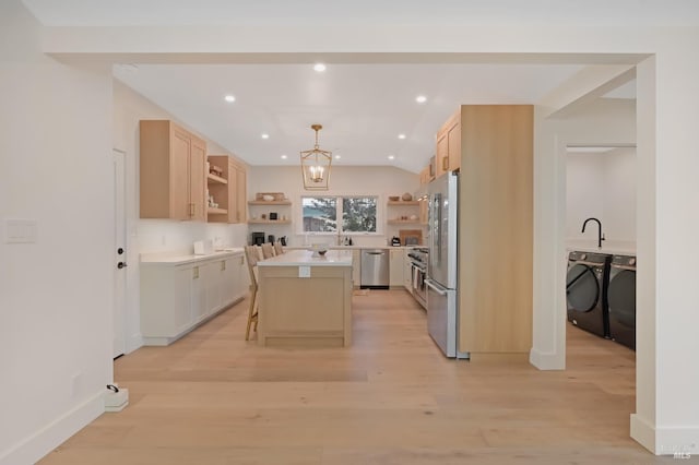 20 Almenar Dr, Greenbrae, CA 94904 - kitchen featuring open shelves, separate washer and dryer, stainless steel appliances, light wood-type flooring, and light brown cabinetry