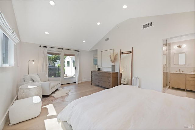 20 Almenar Dr, Greenbrae, CA 94904 - bedroom with access to outside, recessed lighting, high vaulted ceiling, light wood-type flooring, and ensuite bath