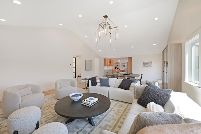20 Almenar Dr, Greenbrae, CA 94904 - living room with a chandelier, recessed lighting, high vaulted ceiling, and baseboards