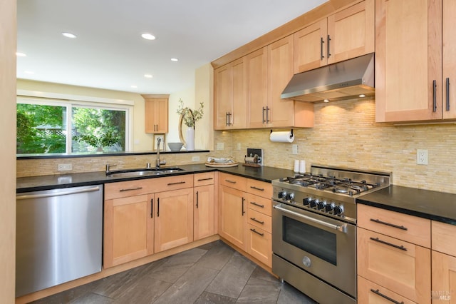 1721 Northstar Dr, Petaluma, CA 94954 - kitchen featuring stainless steel appliances, under cabinet range hood, light brown cabinets, and recessed lighting