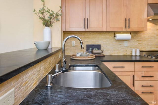 1721 Northstar Dr, Petaluma, CA 94954 - kitchen featuring a sink, wall chimney exhaust hood, decorative backsplash, dark stone counters, and open shelves