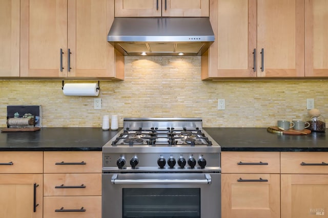 1721 Northstar Dr, Petaluma, CA 94954 - kitchen with high end range, ventilation hood, light brown cabinets, and backsplash