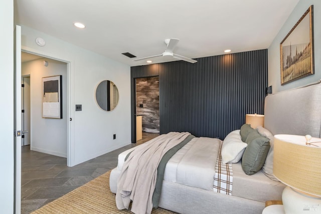 1721 Northstar Dr, Petaluma, CA 94954 - bedroom with an accent wall, recessed lighting, baseboards, a ceiling fan, and stone finish flooring