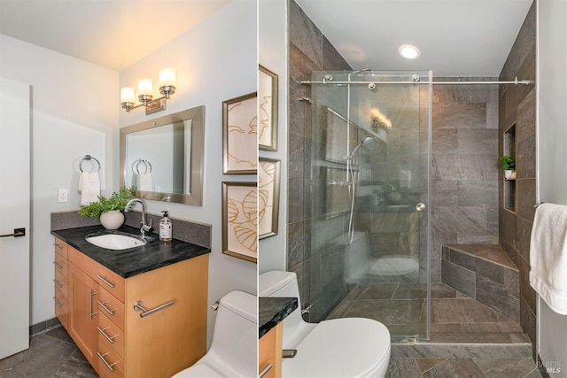 1721 Northstar Dr, Petaluma, CA 94954 - bathroom with toilet, vanity, a tile shower, and stone finish floors