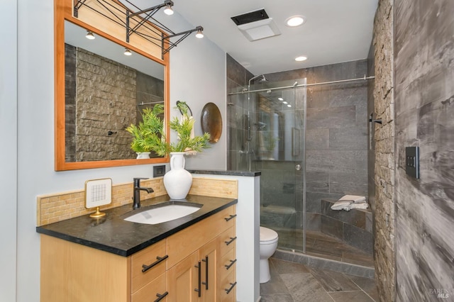 1721 Northstar Dr, Petaluma, CA 94954 - bathroom with toilet, vanity, a stall shower, and recessed lighting