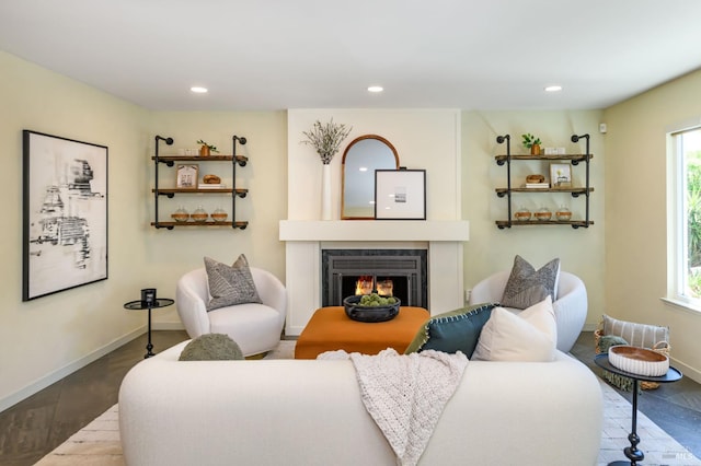1721 Northstar Dr, Petaluma, CA 94954 - living room with a warm lit fireplace, baseboards, and recessed lighting
