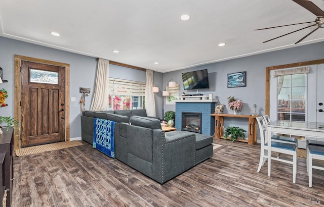 46 N 4th St, Rio Vista, CA 94571 - living room featuring ceiling fan, healthy amount of natural light, wood finished floors, recessed lighting, and a brick fireplace