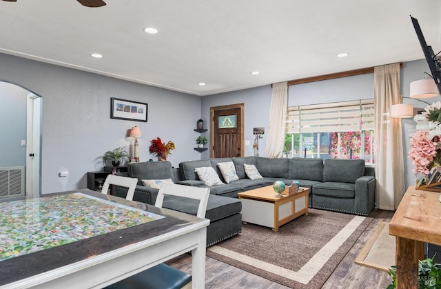 46 N 4th St, Rio Vista, CA 94571 - living area featuring wood finished floors, recessed lighting, arched walkways, and a ceiling fan