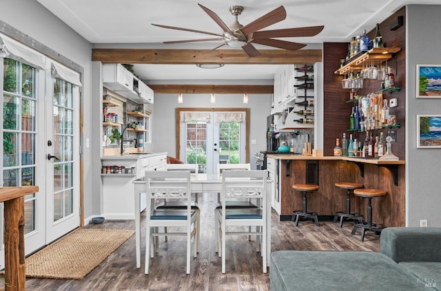 46 N 4th St, Rio Vista, CA 94571 - dining room featuring french doors, a ceiling fan, dark wood-type flooring, beam ceiling, and a dry bar