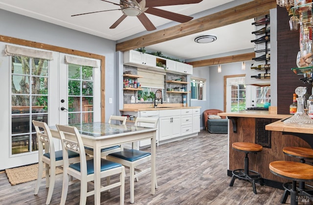 46 N 4th St, Rio Vista, CA 94571 - dining space featuring bar, ceiling fan, healthy amount of natural light, and beamed ceiling
