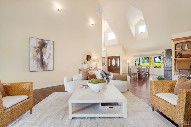 466 Pratt Ave, Saint Helena, CA 94574 - living room featuring a high ceiling, wood finished floors, baseboards, and a skylight