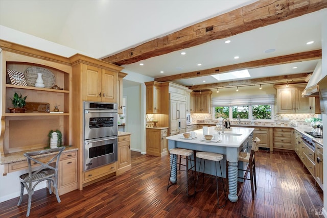 466 Pratt Ave, Saint Helena, CA 94574 - kitchen featuring stainless steel double oven, dark wood-type flooring, beamed ceiling, a skylight, and backsplash