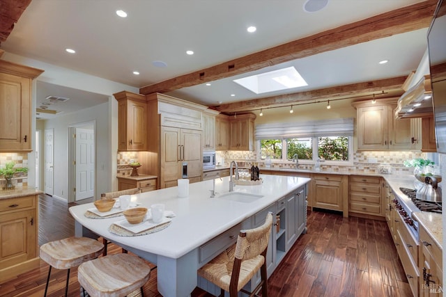 466 Pratt Ave, Saint Helena, CA 94574 - kitchen featuring a sink, a skylight, built in appliances, dark wood-style flooring, and recessed lighting