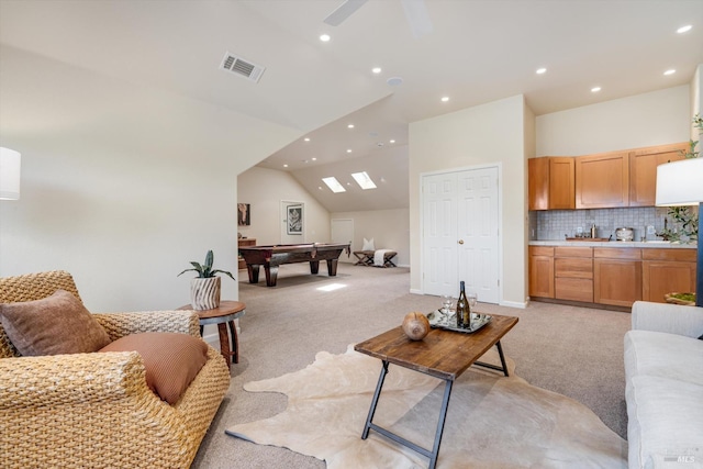 466 Pratt Ave, Saint Helena, CA 94574 - living area featuring light carpet, billiards table, recessed lighting, lofted ceiling, and ceiling fan