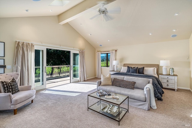 466 Pratt Ave, Saint Helena, CA 94574 - carpeted bedroom with access to outside, beamed ceiling, baseboards, high vaulted ceiling, and recessed lighting