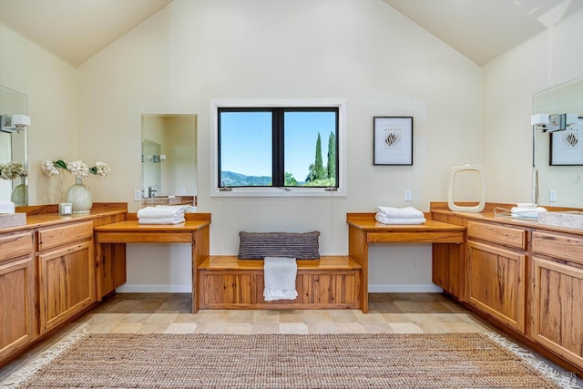 466 Pratt Ave, Saint Helena, CA 94574 - full bathroom featuring high vaulted ceiling, vanity, and baseboards