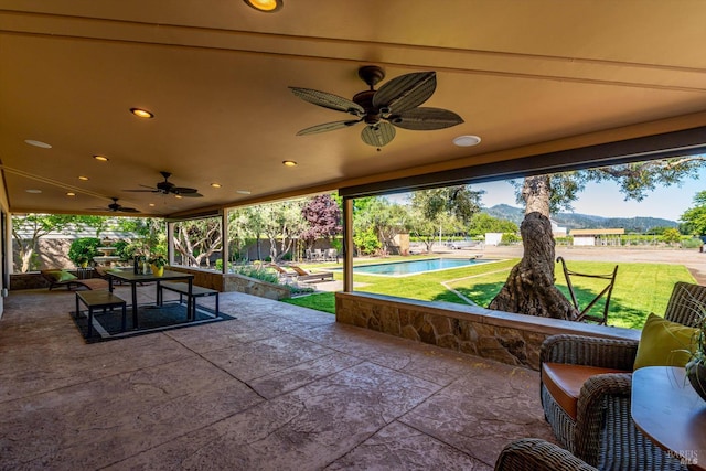 466 Pratt Ave, Saint Helena, CA 94574 - view of patio / terrace featuring ceiling fan, an outdoor pool, and a mountain view