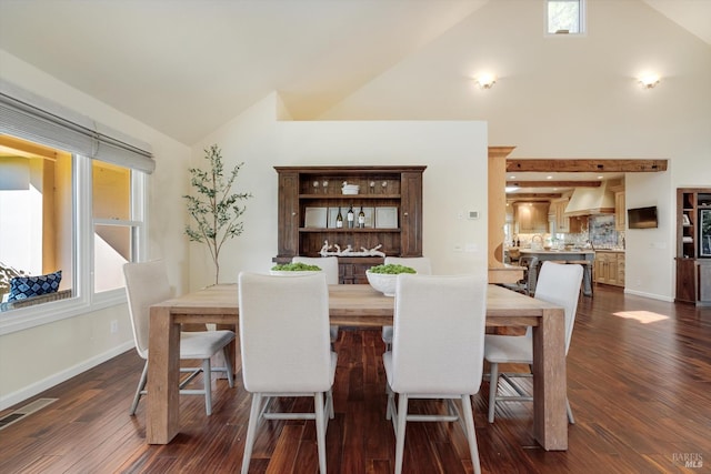 466 Pratt Ave, Saint Helena, CA 94574 - dining area featuring dark wood-style flooring, high vaulted ceiling, baseboards, and healthy amount of natural light