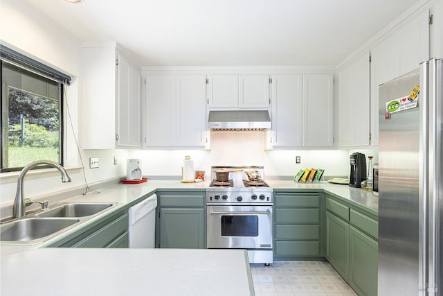 22111 Umland Cir, Jenner, CA 95450 - kitchen featuring stainless steel appliances, extractor fan, a sink, light countertops, and white cabinetry