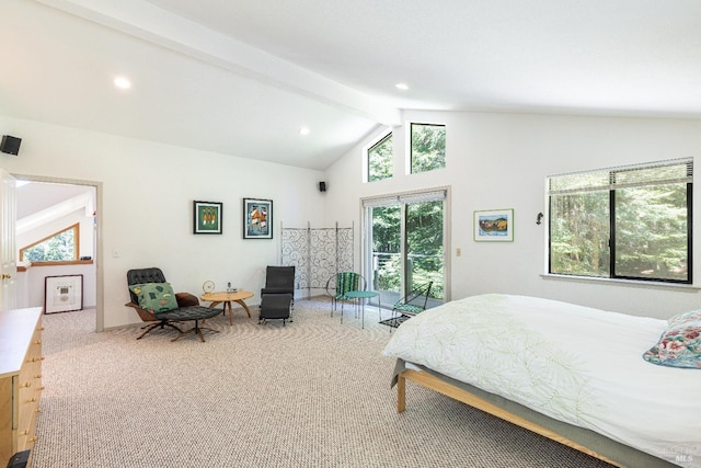 22111 Umland Cir, Jenner, CA 95450 - carpeted bedroom with beam ceiling, access to exterior, multiple windows, recessed lighting, and high vaulted ceiling