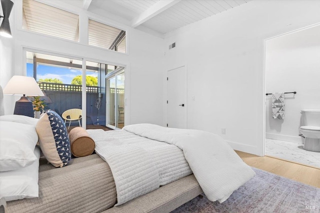 462 Hickory Ln, San Rafael, CA 94903 - bedroom with access to outside, beamed ceiling, wood finished floors, ensuite bath, and a high ceiling