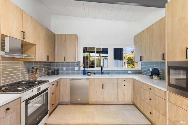 462 Hickory Ln, San Rafael, CA 94903 - kitchen with light brown cabinetry, white gas range, stainless steel dishwasher, and wooden ceiling