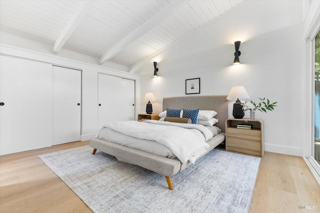 462 Hickory Ln, San Rafael, CA 94903 - bedroom featuring multiple closets, light wood finished floors, and wood ceiling