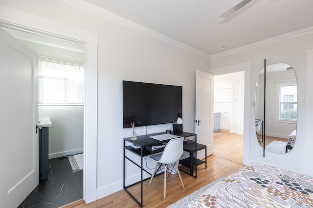 439 4th St E, Sonoma, CA 95476 - bedroom with ornamental molding, arched walkways, baseboards, wood finished floors, and an office area