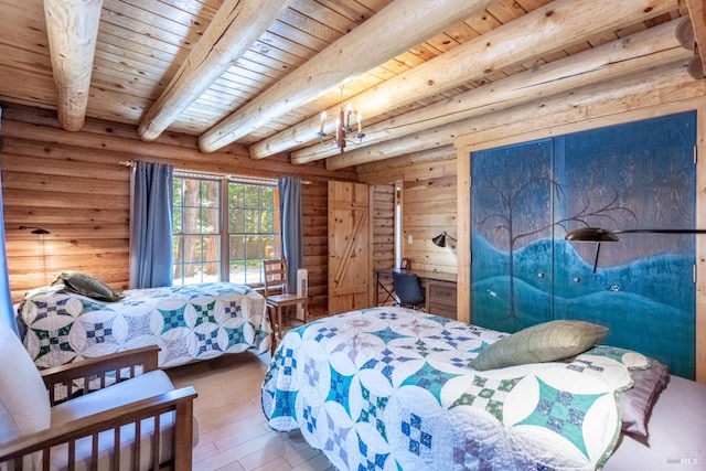 9547 Grassland Ct, Shingletown, CA 96088 - bedroom featuring wooden ceiling with exposed beams, wood finished floors, and rustic walls