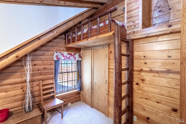 9547 Grassland Ct, Shingletown, CA 96088 - stairs featuring carpet floors and wooden walls