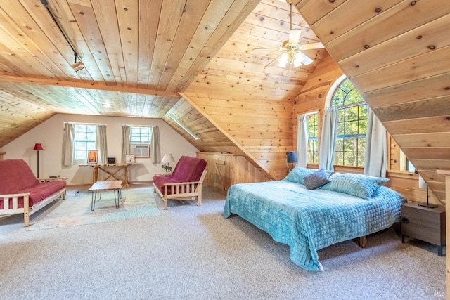 9547 Grassland Ct, Shingletown, CA 96088 - bedroom with carpet flooring, wood ceiling, multiple windows, lofted ceiling, and wooden walls