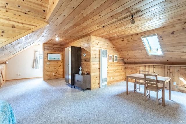 9547 Grassland Ct, Shingletown, CA 96088 - bonus room with wooden ceiling, wood walls, vaulted ceiling, a heating unit, and carpet flooring