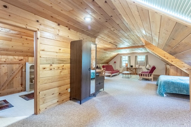 9547 Grassland Ct, Shingletown, CA 96088 - carpeted bedroom with wooden ceiling, wood walls, and vaulted ceiling