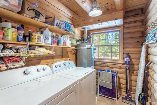 9547 Grassland Ct, Shingletown, CA 96088 - laundry area with rustic walls, water heater, washing machine and clothes dryer, and wood ceiling