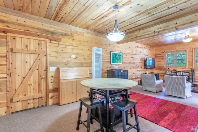 9547 Grassland Ct, Shingletown, CA 96088 - dining space with wooden ceiling, light colored carpet, and wooden walls