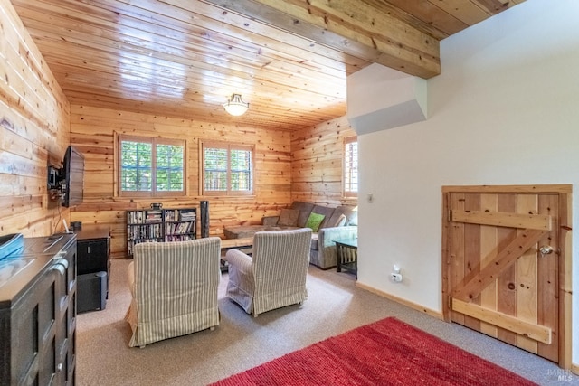 9547 Grassland Ct, Shingletown, CA 96088 - living area featuring wooden ceiling, carpet, wood walls, and baseboards
