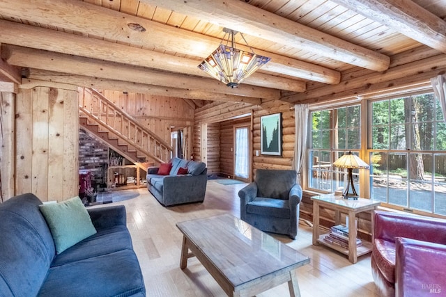 9547 Grassland Ct, Shingletown, CA 96088 - living area featuring wood ceiling with exposed beams, stairs, light wood-style flooring, log walls, and a chandelier