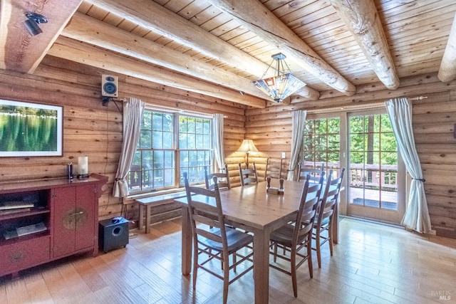 9547 Grassland Ct, Shingletown, CA 96088 - dining space featuring wooden ceiling with exposed beams, light wood-style floors, healthy amount of natural light, and rustic walls