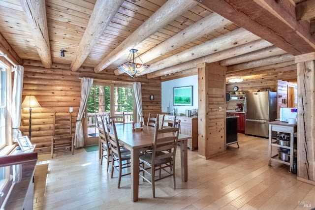 9547 Grassland Ct, Shingletown, CA 96088 - dining area with wooden ceiling with exposed beams, light wood-style floors, and rustic walls