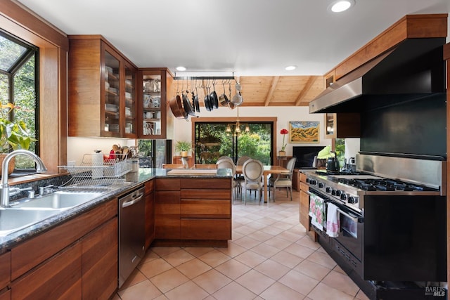 7 Linsdale Ln, Point Reyes Station, CA 94956 - kitchen with appliances with stainless steel finishes, a sink, beamed ceiling, glass insert cabinets, and recessed lighting