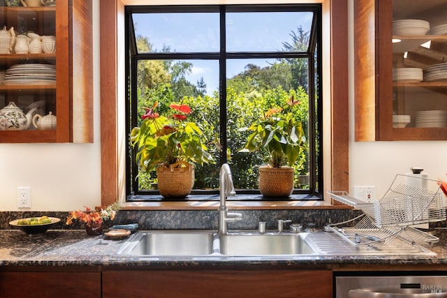 7 Linsdale Ln, Point Reyes Station, CA 94956 - kitchen view of a sink, dishwasher, dark countertops, and glass insert cabinets