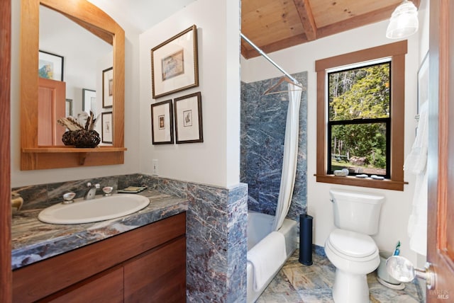 7 Linsdale Ln, Point Reyes Station, CA 94956 - full bath featuring vanity, toilet, shower / bath combo, marble finish flooring, and wooden ceiling with exposed beams