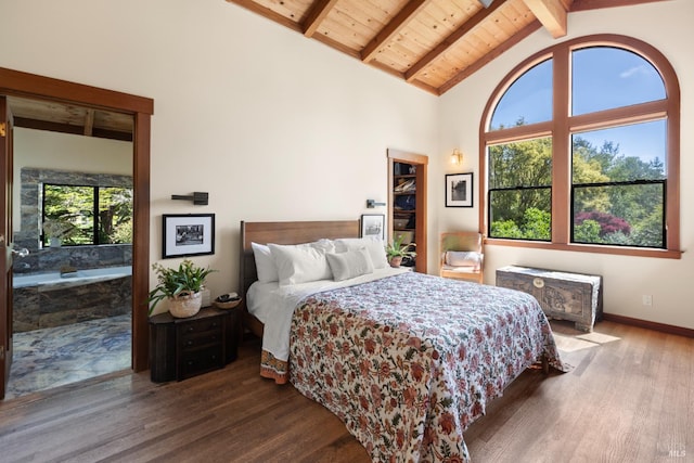 7 Linsdale Ln, Point Reyes Station, CA 94956 - bedroom with wood finished floors, high vaulted ceiling, wooden ceiling with exposed beams, and baseboards